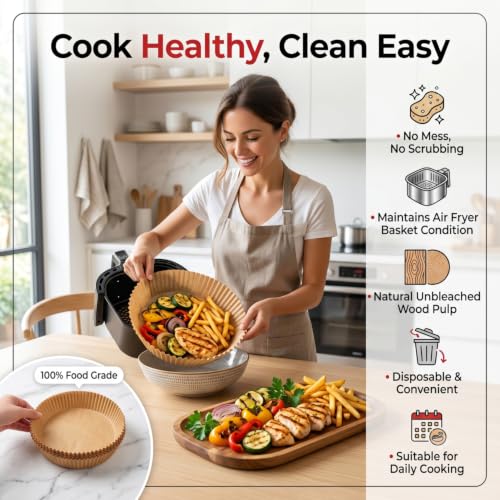 Image of Sakoraware 100 PCS Air Fryer Paper Liners 8 x 8 Inches, Disposable Non-Stick Parchment Paper for Air Fryer, Oil Proof, Food Grade Baking Paper for Roasting, Baking & Cooking (Air Liner RD)