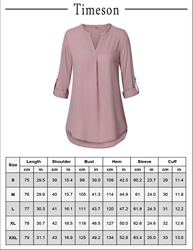 Timeson Tunic Blouses, Womens Chiffon Long Sleeve V Neck Solid Color Pleated Front Curved Hem Casual Shirt Tops Dark Pink L