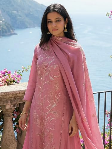 Image of INDO ERA Women's Floral Embroidered A-Line Silk Blend Kurta Pant with Dupatta Set