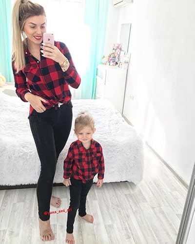 Toddler Baby Boys Girls Flannel Plaid Shirt Long Sleeve Lepel Button Down Back Letters Print Shacket Coat Top (Red Kick It With Mom,1-2 Years) #TOP2