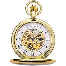 TREEWETO Pocket Watch Gold Smooth Case Skeleton Dial Mechanical Movement with Chain + Box