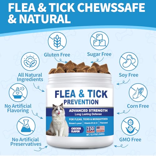 Flea and Tick Prevention for Cats Chewables 230 Soft Treats - Flea and Tick Chews Supplement, Vet Recommended Supplement Chews, Skin & Coat Support for Cats, Kitten, All Breeds & Sizes