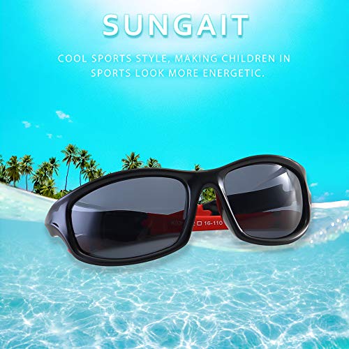 Sungait Polarized Kids Sunglasses For Boys Girls With Strap,Sport Sunglasses For Children Age 3-10 Uv400 Protection (Black Frame Red Temple) Sgtc036-Hkho #TOP1