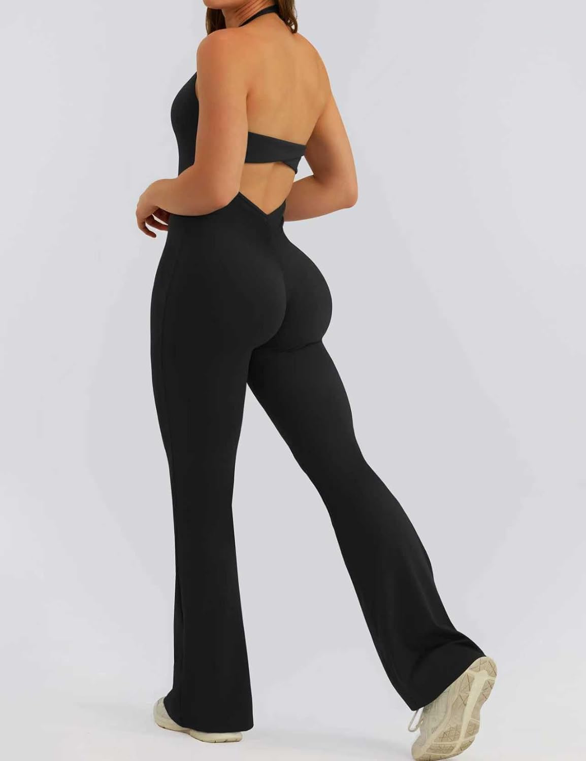Relety Womens Flare Jumpsuits One Piece Halter Neck Twist Back Sleeveless Butt Scrunch Workout Romper Yoga Bodycon Unitard - Image 2
