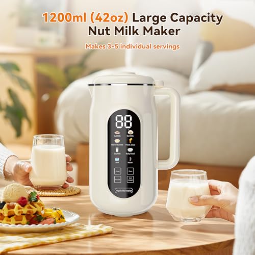 10-in-1 Nut Milk Maker Machine, 42oz Automatic Nut Milk Maker with LED Touch Screen, Self-Cleaning, 12H Delay Start, Keep Warm, Automatic for Soy/Oat/Almond Milk, Juice,Coconut,Plant Base & Boil Water