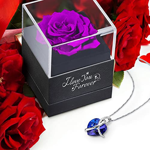 Preserved Real Purple Rose With Heart I Love You Necklace -Eternal Flowers Rose Gifts For Mom Grandma Wife Girlfriend On Mothers Day Valentines Christmas Birthday Anniversary Romantic Gifts For Her #TOP5