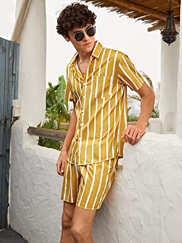 Makemechic Men's 2 Piece Button Down Short Sleeve Shirt Top And Shorts Set Striped Yellow M #TOP25