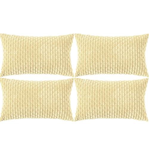 Set of 4 Pale Yellow Decorative Throw Pillow Covers 12x20 Inch Corduroy Pillow Covers for Bed Couch Sofa Living Room Soft Cushion Cases