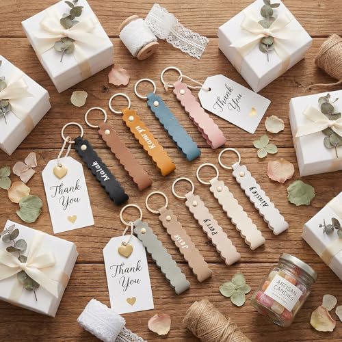 Image of Scalloped PU Leather Keychain Blanks Laser Engraving Blanks Loop Keychain Kit with Key Ring for DIY