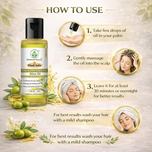 Image of Khadi 100% Pure Cold Pressed Olive Oil for Hair, Skin & Body Massage | Natural Moisturizing Oil for Dry Skin & Hair Care | Multipurpose Oil for Body Massage, Hair Nourishment & Moisturizing- 100GM