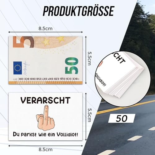 Anruzon Lustige Strafzettel für Falschparker Auto Gadgets, schlecht geparkt Rot 50€ Geldschein-Design - Scherzartikel für Autofahrer Falschparker Karten - Du parkst wie ein...