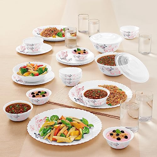 Larah By Borosil Aspen Silk Series Opalware Dinner Set with Glasses, 35 Pieces for Family of 6, Microwave & Dishwasher Safe, Bone-Ash Free, Crockery Set for Dining & Gifting, Plates & Bowls, White
