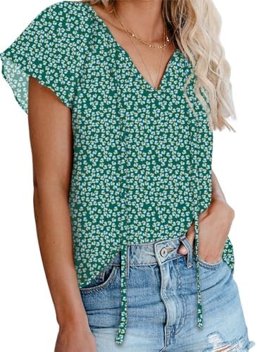 Dokotoo Ladies Summer Tops Floral Printed Blouses for Women 2025 V Neck Dressy Casual Chiffon T Shirts Work Bohemian Tops Tunic Shirts Small Green