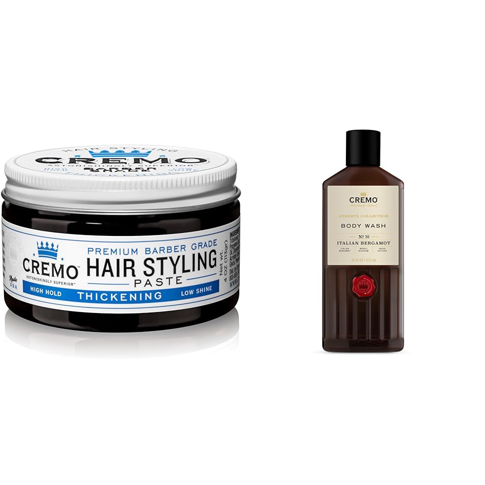Cremo Premium Barber Grade Hair Styling Thickening Paste, High Hold, Low Shine, 4 Oz & Rich-Lathering Italian Bergamot Body Wash for Men, Notes of Italian Bergamot, Neroli Blossom
