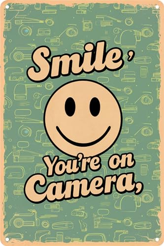 HEBELYX Letrero de metal con texto en inglés "Smile You're on Camera" para exteriores, señal de cámara de seguridad para el hogar, negocios, patio y CCTV, ocho - 1091