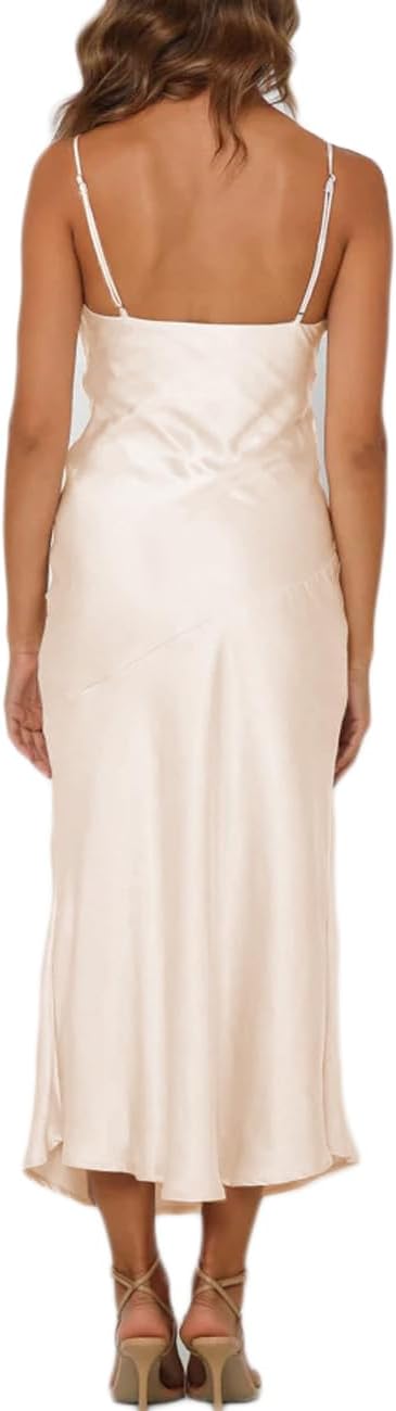 Summer Satin V Neck Silp Midi Dress for Women Wedding Guest 2025 Sexy Spaghetti Strap Backless Long Dresses with Slit - Image 2