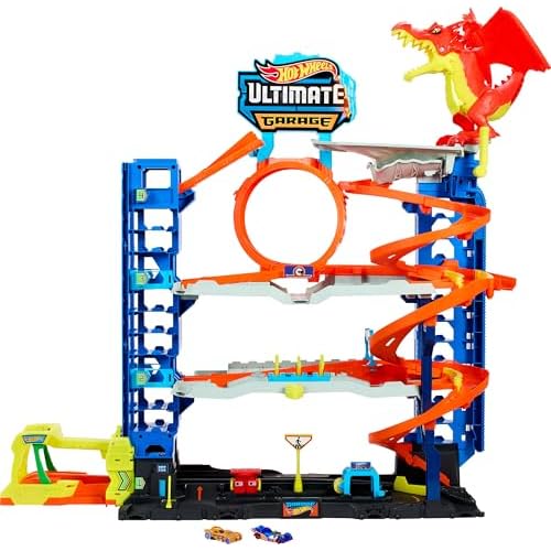 Hot Wheels City Ultimate Garage Playset with 2 Die-Cast Cars, Toy Storage for 50+ 1:64 Scale Cars, 4 Levels of Track Play, Defeat The Dragon