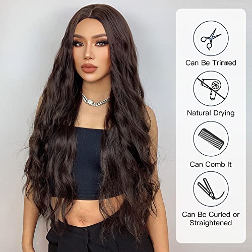 Dark Brown Wigs For Women Long Wavy Curly Middle Part Hair Wig Synthetic Heat Resistant Wig For White Women Girls Daily Use Cosplay Wedding Birthday Holiday Festival Party Travel Office 28 Inches #TOP3