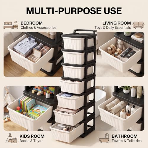 Image of Heavy Duty Plastic Storage Drawer with Wheels | Modular Cabinet for Bedroom, Office, Home or Classroom| Chest of Drawers Organiser for Cosmetics, Kitchen items, Toys (White & black, 7)