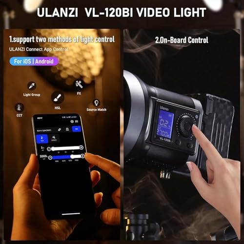 Image of ULANZI V-Mount LED Video Light COB Continuous Output Lighting, 120W Bi Color 2700K-6500K COB Bowens Mount Photography Fill Light 20700lux /1m 20 Preset Effects with APP Control Studio Light