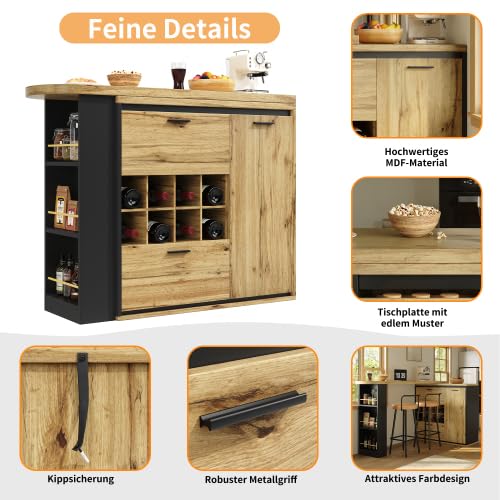 vutizal Stół do jadalni wysuwany z miejscem do przechowywania | 2 szuflady + regał na wino, imitacja słojów drewna MDF + metal, 140 x 80 cm (wysuwany 138-220 cm), nie zajmuje dużo miejsca, do kuchni i