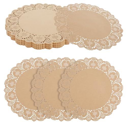 100 Sheets Paper Table Pads, 34cm Round Lace Paper Place Mats, Decorative Paper Doilies, Multipurpose Paper Placemats Paper Table Mats for Food Cakes Party Weddings Tableware Décor (Kraft paper color)