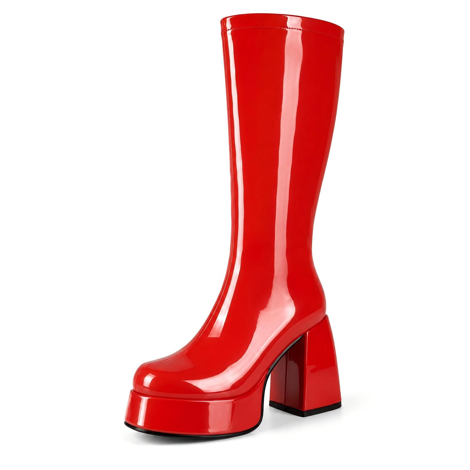OAOKUSI Women's Gogo Boots, Knee High Platform Square Toe Boots | Patent in White, Purple, Red or Black; PU in Black or Brown; 60s/70s retro disco style for Halloween, cosplay and parties