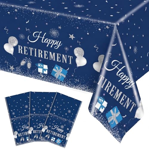 Ganeen 3 Pcs Retirement Party Decorations Happy Retirement Tablecloths Blue White Disposable Plastic Table Cover Waterproof Table Cloth for Men Women Coworker Say Goodbye Party Supplies 54 x 108 Inch