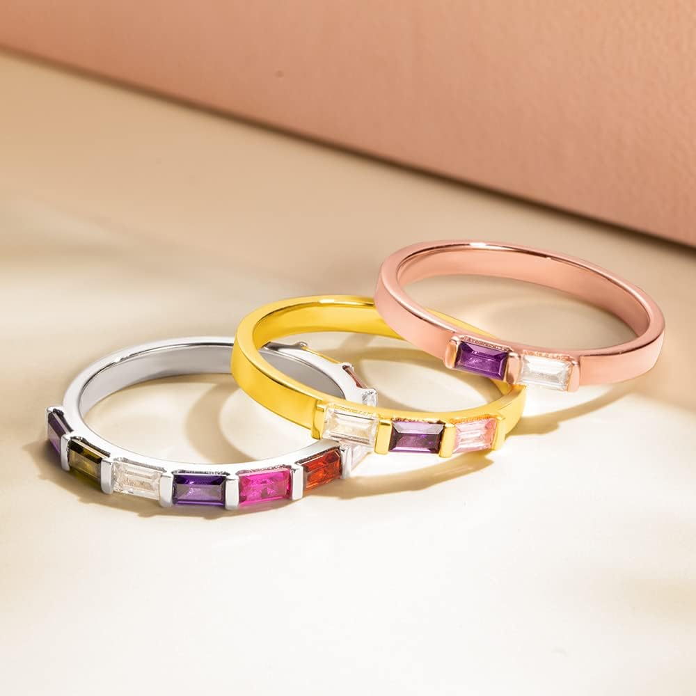 AILIN Custom Rectangular Birthstone Rings 925 Sterling Silver Multi-Stone Personalized 1-10 Birthstones Family Rings Mother Anniversary Christmas Jewelry Gifts For Women Wife Grandma Daughter