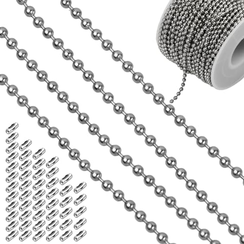 66Feet/20m Stainless Steel Ball Bead Chains, 2.4mm Diameter Beaded Roller Chain with 50 Pcs Matching Connectors, Necklace Chains Extension for DIY Craft Jewelry Making
