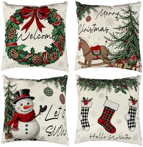 Christmas Decorations Pillow Covers 18x18 Inch Snowman Reindeer Christmas Series Throw Pillow Covers Winter Holiday Cushion Case Decoration for Farmhouse Home Sofa Couch Decor Set of 4 (E)