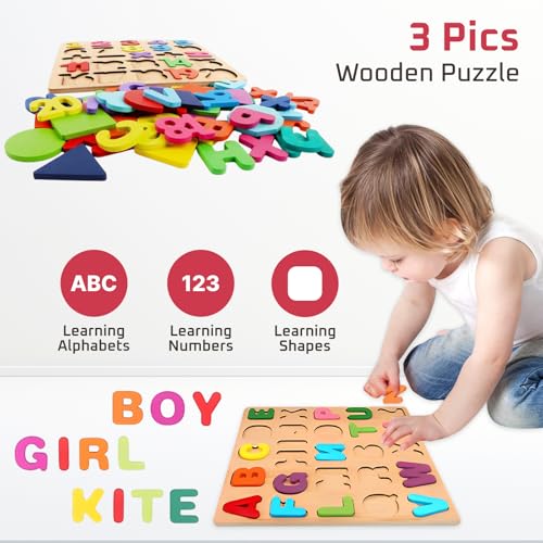 Image of Lyrovo Wooden Alphabet Number & Shape Puzzle Board for Kids | Educational Learning Toys for 2-5 Year Old Boys & Girls | Montessori Toddler Activity Toy for Early Learning & Brain Development