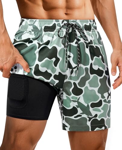 Gleeease Mens Swim Trunks Swimming Trunks for Men 7 Inch with Compression Liner 2 in 1 Stretch Quick Dry Comfort Drawstring Soft Lined Army Green Camouflage Shark Pockets 4-Way Breathable Beach