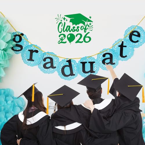 Image of 2xClass of 2026 Car Sticker & Graduation Hat Sticker Removable Graduate Decal Car Decal 8 inchx 7.1 inch Waterproof Vinyl Decals Arts & Crafts for Graduation Party Decorations (Green)