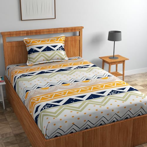 Image of NHD HOME 180 TC Presents Glace Cotton Single Bedsheets(Size-90 X 60 Inch) with 1 Pillow Covers(Size-18 X 28) Zigzag, White Rust and Blue