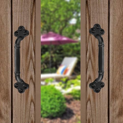 Image of 2-Pack 9 Inch Clover Barn Door Handle - Black Cast Iron Pull for Sliding Doors, Gates, Sheds, Fences, Closets - Indoor Outdoor Farmhouse Hardware