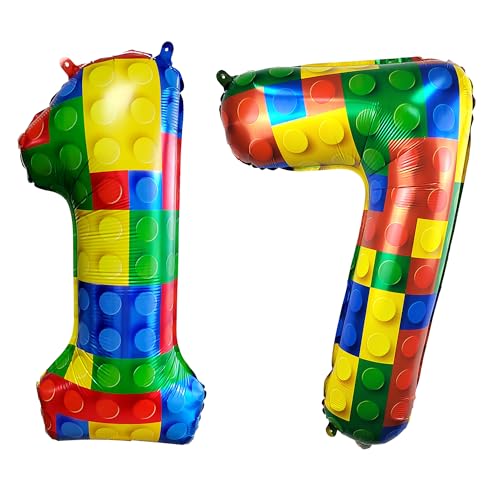 Image of 32 Inch Building Block Number 17 Balloons birthday Block Themed Large Big Helium Foil Mylar Balloon for Girls Boys Birthday Party Decoration Supplies