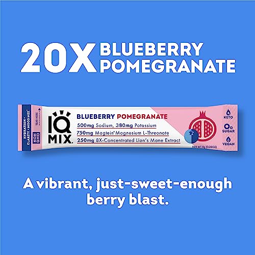Iqmix Sugar Free Electrolytes Powder Packets - Hydration Supplement Drink Mix With Keto Electrolytes, Lions Mane, Magnesium L-Threonate, And Potassium Citrate - Blueberry Pomegranate (20 Count) #TOP1