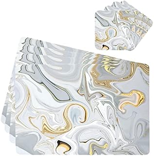 Mnsruu Leather Placemats and Coaster Gray Marble Swirl Golden Agate Placemats and Coaster Sets 4 Waterproof Table Mats Non-slip Heat Insulation Outdoor Placemats with Coasters