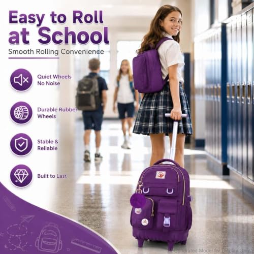 WZLVO Rolling Backpack for Girls Women, 21 inch Water Resistant Roller Wheels Backpacks, Wheeled Bookbag with Lunch Bag for Teen Elementary School Travel - Dark Purple by WZLVO - Used condition - Image 2