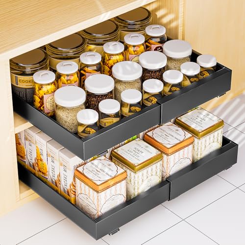 Pull out Cabinet Organiser, Slide out Drawers for Kitchen Cabinets, no Drill Adjustable Drawers, pull out Kitchen Storage,Cupboard Organiser that Requires no Drilling and Nailing (Dark gray(2 pack))