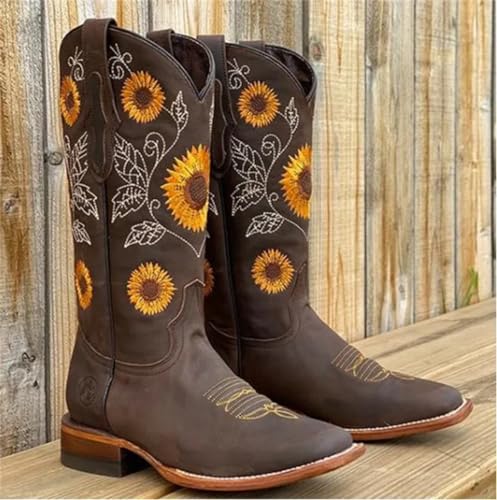 Lmtossey Dames geborduurde laarzen bedrukt glitter westerse cowboy laarzen retro teen mid kalf blokhak laarzen - Afbeelding 4