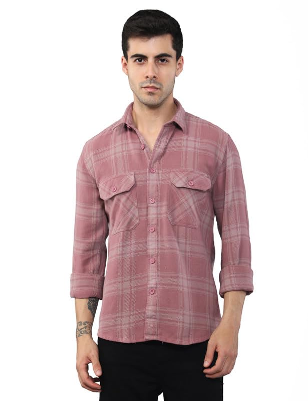 Native Bull Light Red Waved Cotton Shirt with Double Pockets for Men