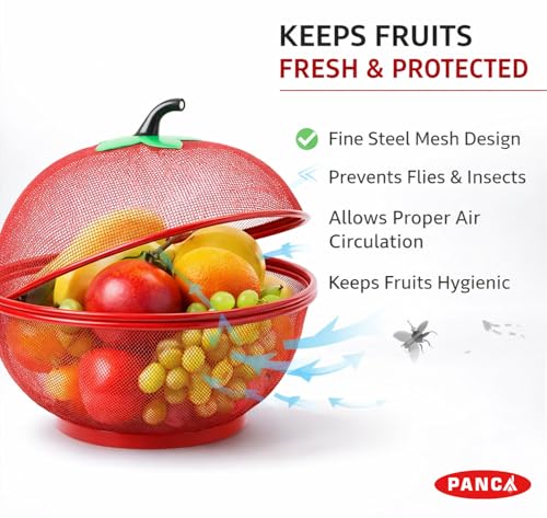 Image of PANCA Fruit Basket for Kitchen Apple Shape with Net Cover | Fruit & Vegetable Storage Stand for Dining Table | Red Fruit Bowl for Home, Kitchen Counter & Daily Use