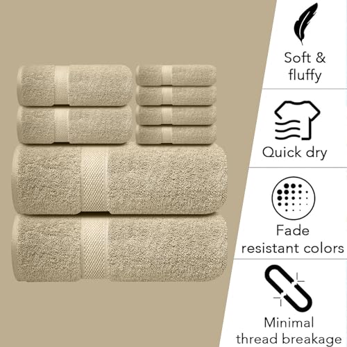 Image of Sulfar 100% Combed Cotton, 8 Pcs Towel Set - 2 Bath Towels (70 x 140 cm), 2 Hand Towels (40 x 70 cm) and 4 Washcloths (30 x 30 cm) (600 GSM, Pack of 8) Beige