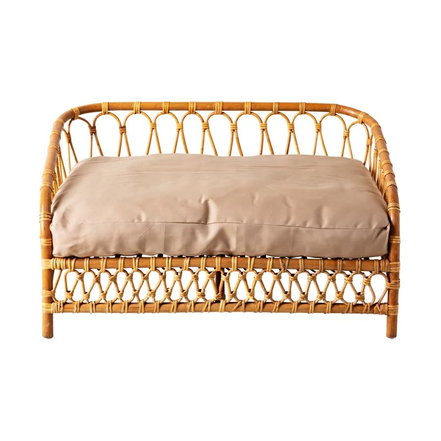 IRA Rattan Pet Bed 90x56x45 cm | Handwoven Bamboo Cane Dog Bed for Small and Medium Pets | Stylish Indoor Outdoor Raised Pet Furniture with Soft Cushion