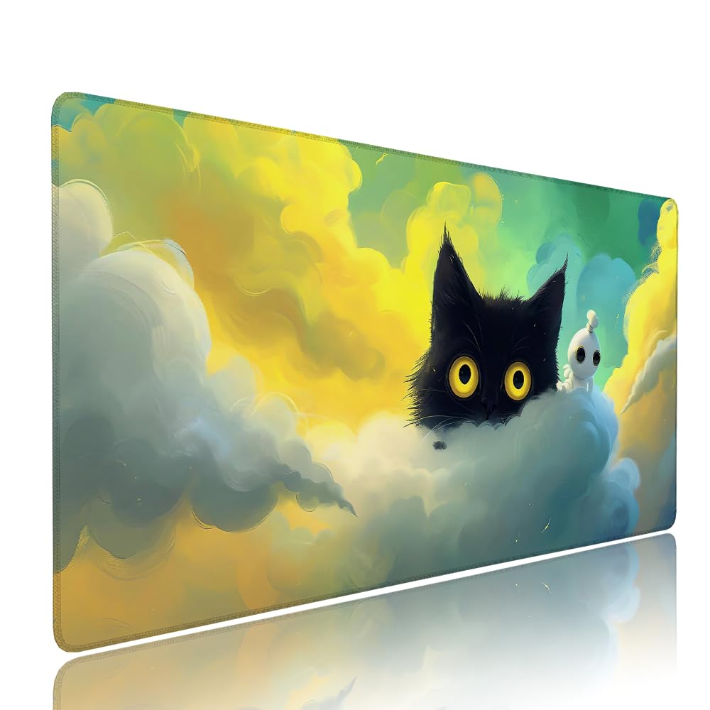 Alfombrilla de Mouse para Juegos, Giallo, XXL, Antideslizante, Impermeable, Diseño de Gatto, Extendido, Grande, 1200x600x3mm, para PC, Laptop, Ufficio, Famiglia d-606