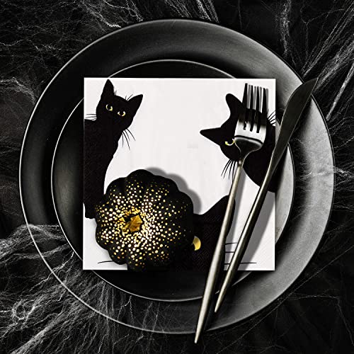 Quera 50 Pack Black Cat Disposable Paper Napkins Party Supplies Halloween Paper Napkins Cocktail Napkins Perfect For Halloween Black Cat Gifts Dinner Party Decoration 6.5'' X 6.5'' #TOP3