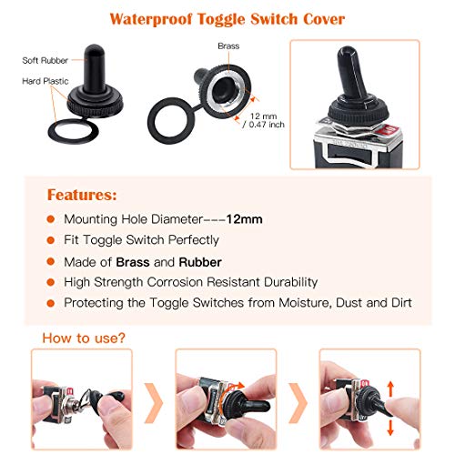 Rustark 5 Pcs Heavy Duty 2 Pin On/Off 15A 250V 20A 125V Rocker Toggle Switch With 5 Pcs Rubber Waterproof Boot Cover, 10 Pcs 12V Led Metal Indicator Dash Light Auto Accessories For Car Truck Boat #TOP4