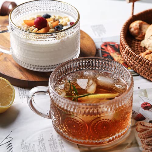 Mfacoy Vintage Coffee Mugs Set Of 2, 14 Oz Glass Coffee Tea Cups With Handle, Clear Embossed Glass Cups, Tea Cups, Glass Coffee Cups For Cappuccino, Latte, Cereal, Yogurt, Milk, Hot Or Cold Beverages #TOP4
